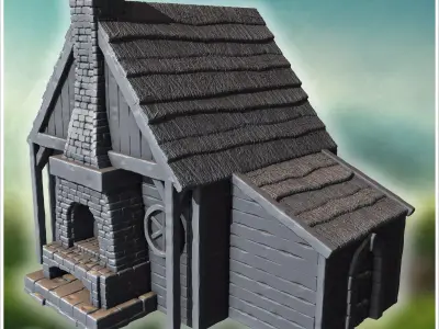 Rural wooden house with stone fireplace annex and thatched roof  3D print model