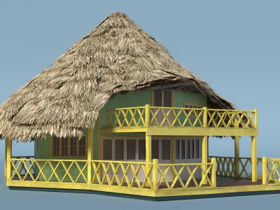  Tropical Beach Hut with Thatched Roof and Yellow Railings 