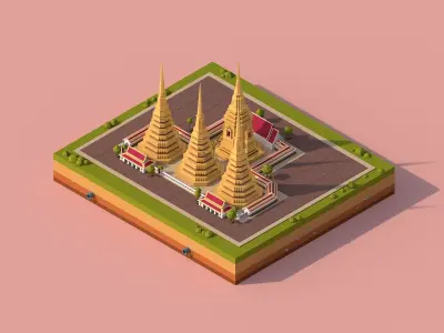 Cartoon Lowpoly Wat Pho Buddhist Temple Low-poly 3D model
