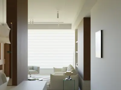 Minimalist Wooden Dining and Living Room Interior Scene 3D model
