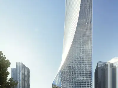 Curved Glass Skyscraper with Terraced Asian Garden Podium 3D model