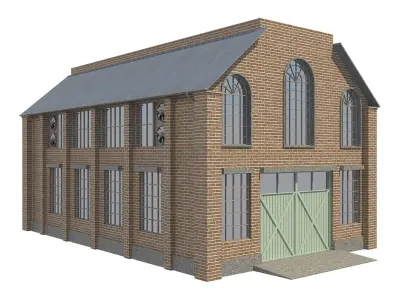 Warehouse 3 brick building with metal roof Low-poly 3D model