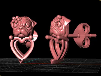 Pug Dog Stud Earrings with Heart Shaped Gems 3D Jewelry Design 3D print model