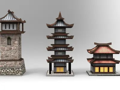 Pagoda collection asian style lighthouse Low-poly 3D model