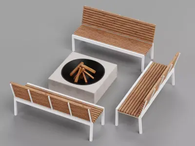 Garden Setup V3 - Wooden Benches with Modern Outdoor Fire Pit Low-poly 3D model