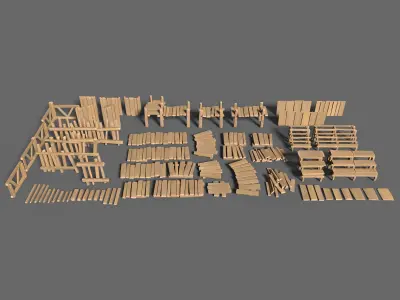 65 Lowpoly Wooden Game Assets - Stylized Low-poly 3D model