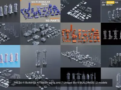 115 Sci-fi Buildings KITBASH parts and 7 Unique Sci-fi BUILDINGS 3D Model Pack