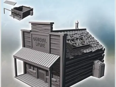 Western general store with log and wood walls and covered awning 3D print model