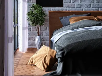 Bedroom with pillows and curtain  Low-poly 3D model