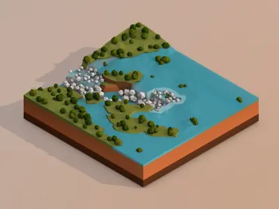 Cartoon Low Poly Iguazu Waterfall Landmark Low-poly 3D model