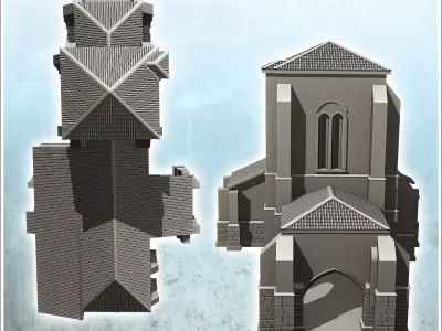 European church with bell tower tiled roof and numerous buttress 3D print model