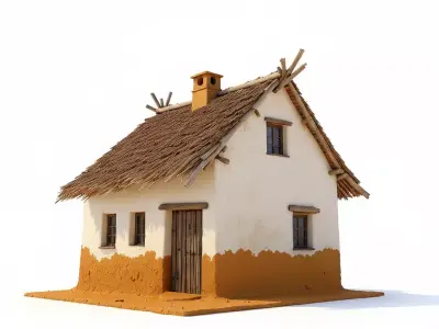 Traditional Rural House with Whitewashed Walls and Thatched Roof Low-poly 3D model