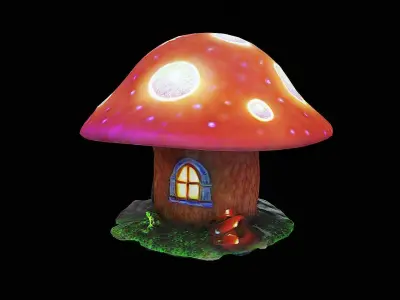 bioluminescent mushroom house Low-poly 3D model