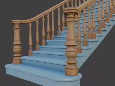 Light Blue Wooden Staircase with Ornate Balustrade PBR 3D Model 3D model