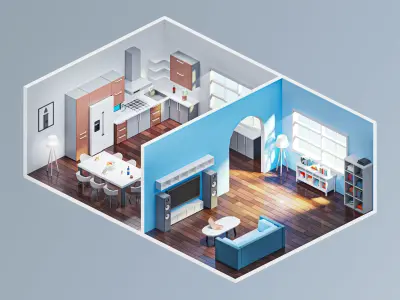 Room 7 living and kitchen Low-poly 3D model