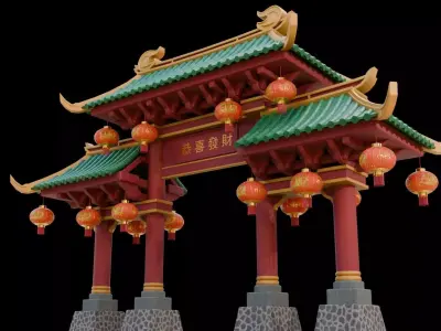 Oriental Chinese New Year Grand Gate  I Low Poly PBR Low-poly 3D model