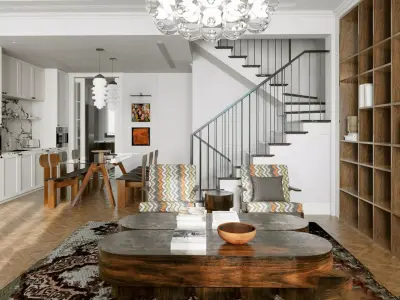 Living Room and Kitchen with Dinning Set Low-poly-135 Low-poly 3D model