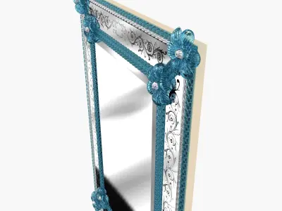 Murano Venetian Blue Floral Etched Wall Mirror 3D model