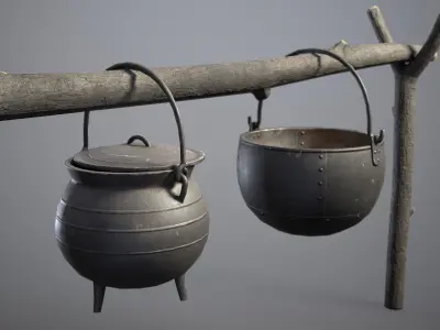 Medieval Hanging Cauldrons for campfire Low-poly 3D model