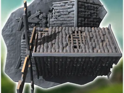 Old wooden windmill with broken blades damaged walls and scatter 3D print model