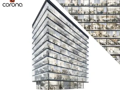 Modern office building 04 at night with simple interiors 3D model