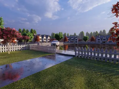 3D Neighborhood Model 4 village with houses and pond 3D model