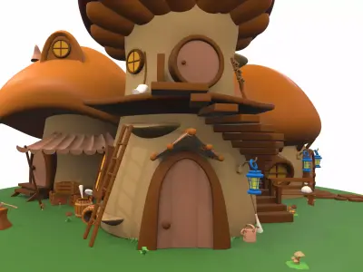 Cartoon mushroom house and props 4 3D model