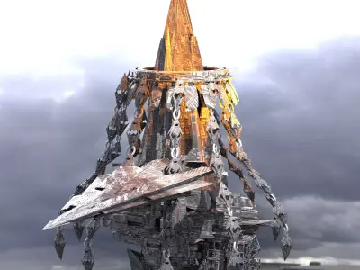Sci fi Lava Mountain station island shard Low-poly 3D model