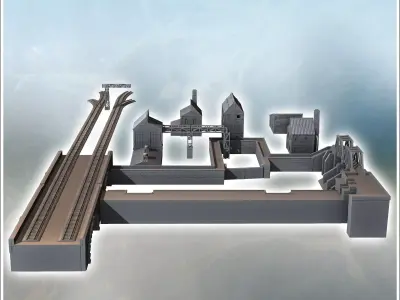 Large set of industrial complex with canals dam railway tracks a 3D print model