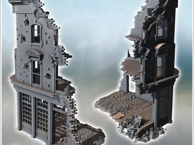 Curved building facade with shattered windows bullet impacts and 3D print model
