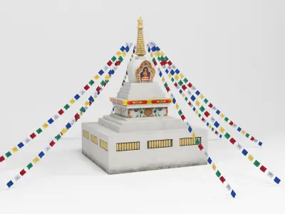 Stupa buddhist temple flags Low-poly 3D model