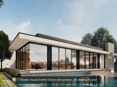 Mordern House Exterior Scene with Furniture and 2D Drawing 3D Model Pack