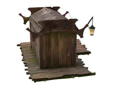Stall wooden structure with barrel on top Low-poly 3D model