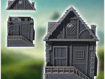 Medieval house with outdoor fireplace half-timbered walls and ac 3D print model
