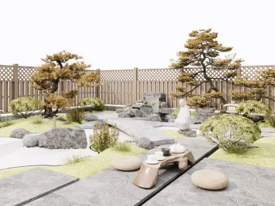 Japanese Zen - style Courtyard Landscape Design 3D model