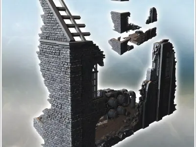 Ruined wall segment with sandbag barricades and exposed pipes at 3D print model