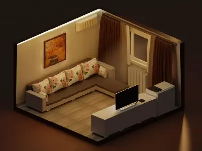 Evening comfortable living room Low-poly 3D model