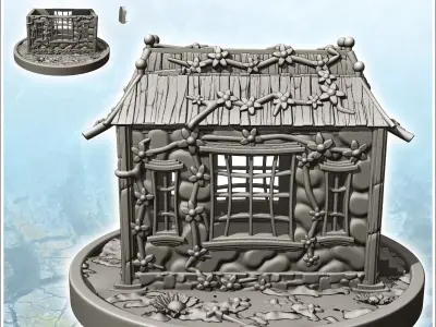 Medieval house on plinth with green walls and curved roof 4 - Me 3D print model