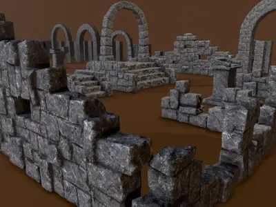 Ruin Set PBR medieval castle with stone walls and arches Low-poly 3D model
