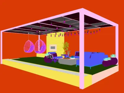 Outdoor Pergola with Fireplace and Lounge Area Low-poly 3D model