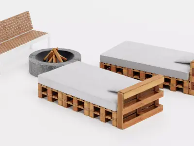 Garden Setup V6 - Pallet Loungers with Bench and Fire Pit 3D model