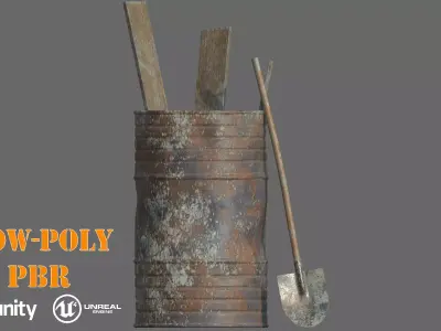 Rusty Build Barrel and Shovel Low-Poly Game Ready PBR 3D Model Low-poly 3D model