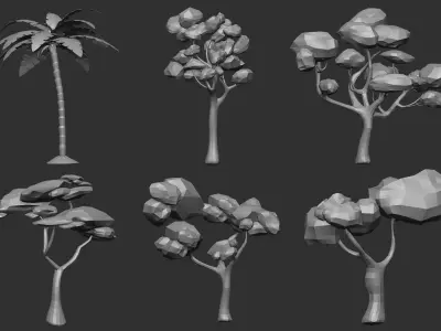 30 Low poly tree and bush base mesh IMM brush set for Zbrush 3D model