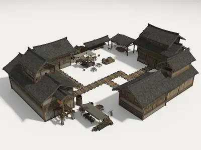 Farmyard Wooden structure house courtyard Low-poly 3D model
