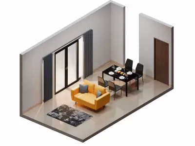 Isometric Living Dining Room With Black Furniture  3D model