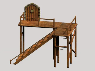 Wooden game asset entrance porch Low-poly 3D model