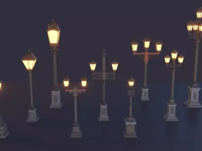 collection of 9 vintage-style  low poly antique street lamps Low-poly 3D model