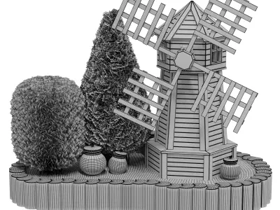 Garden decorative wooden mill with thujas 3D model