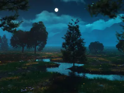 Night forest firefly scene Valley mountain grassland plain river 3D model