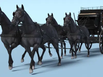  Four Black Horses Harness with Stagecoach 